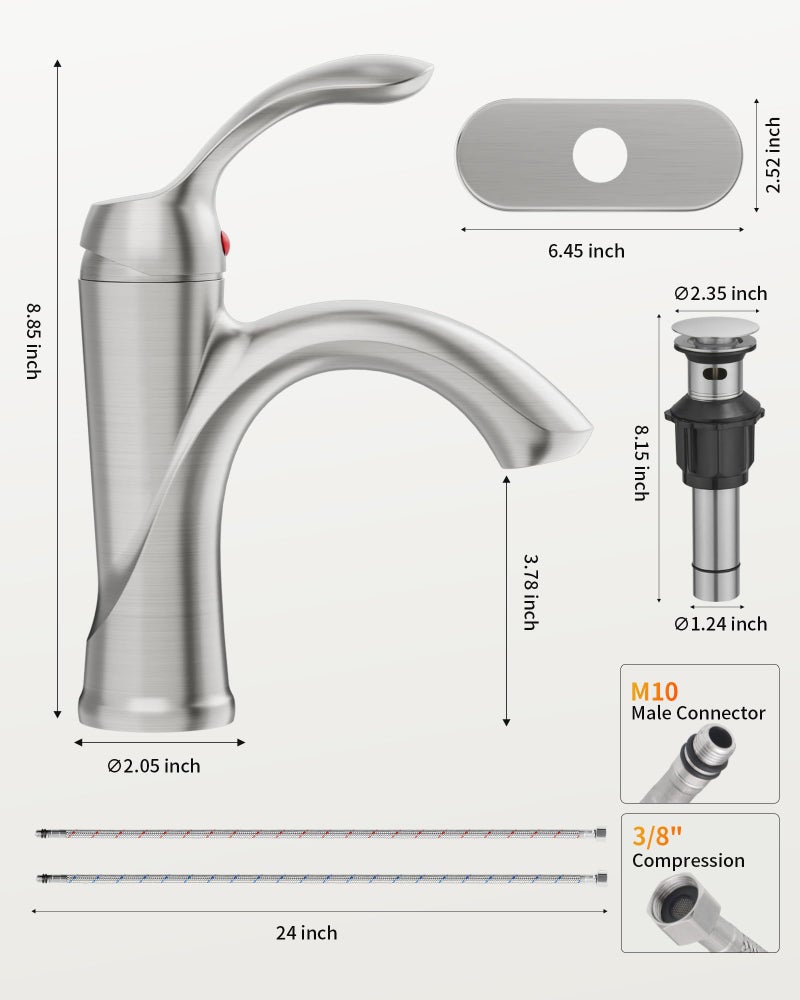 BATHLAVISH Bathroom Sink Faucet Brushed Nickel Single Handle One Hole Vanity Satin Sink with Pop Up Drain Assembly Bath with Overflow Stream Basin Mixer Tap Lavatory Commercial Supply Line - Image 3